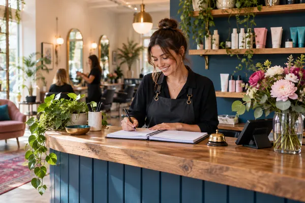 A welcoming salon reception with a tidy booking planner