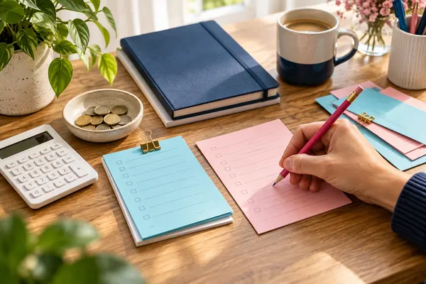 A small business budgeting desk with calculator and paper notes