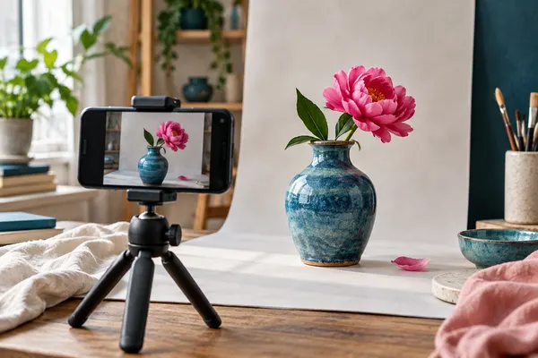 A phone photographing a ceramic product in a small studio