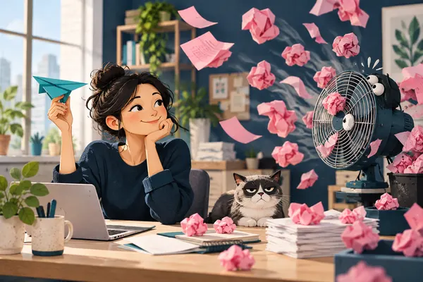 A marketer with a paper plane and an unimpressed cat faces a storm of paper messages