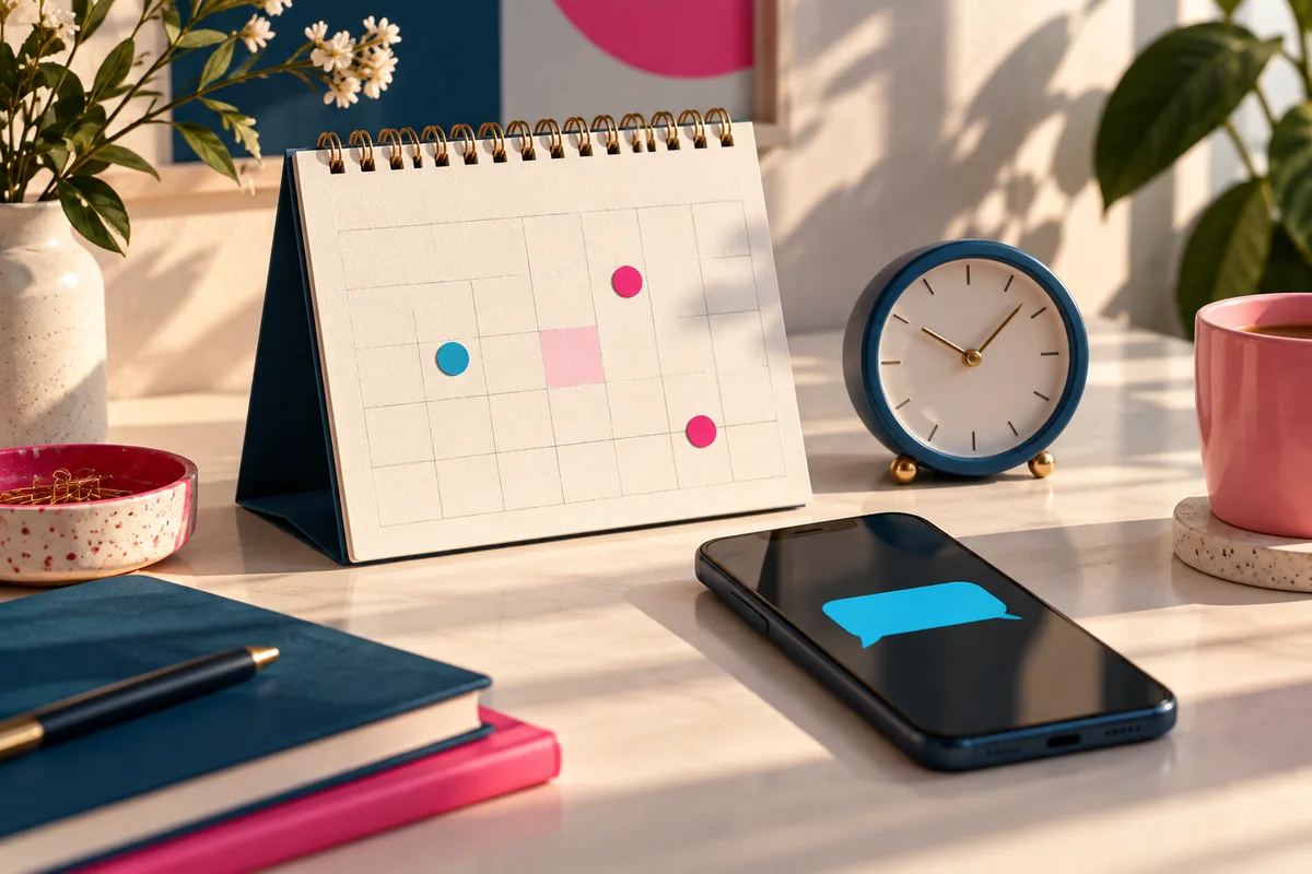 A calendar, clock and phone in warm morning light