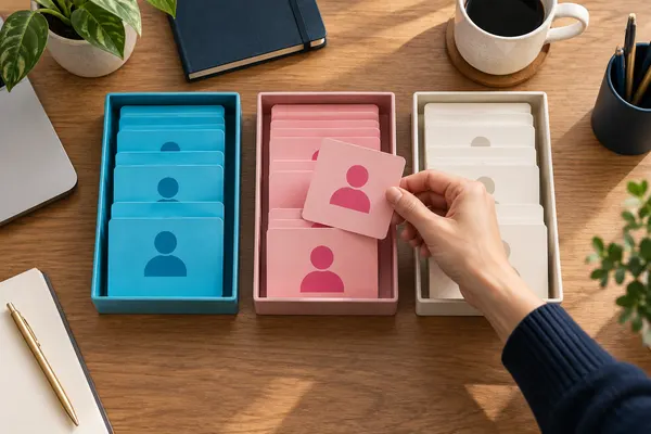 Customer cards sorted into three colourful trays