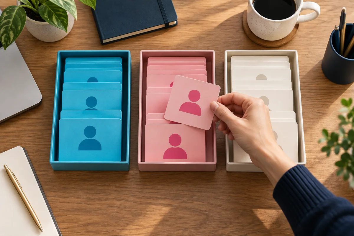 Customer cards sorted into three colourful trays