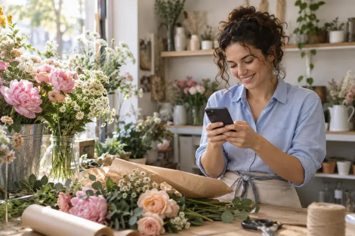 Florist checking a message in her flower shop
